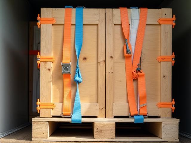 Specialized industrial crate being secured with heavy-duty straps inside a truck
