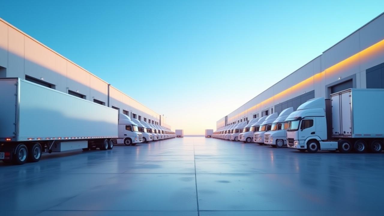 Modern fulfillment center loading dock with trucks