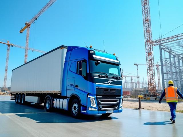 BAMA semi-truck delivering heavy materials to a busy construction site