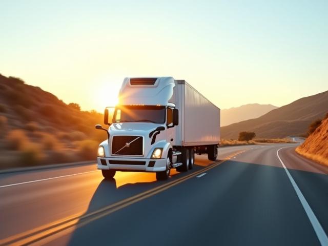 Modern refrigerated truck driving on a sunny California highway