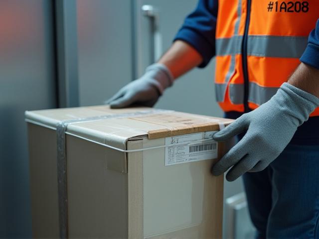 Professional logistics worker handling a high-value fragile package with care